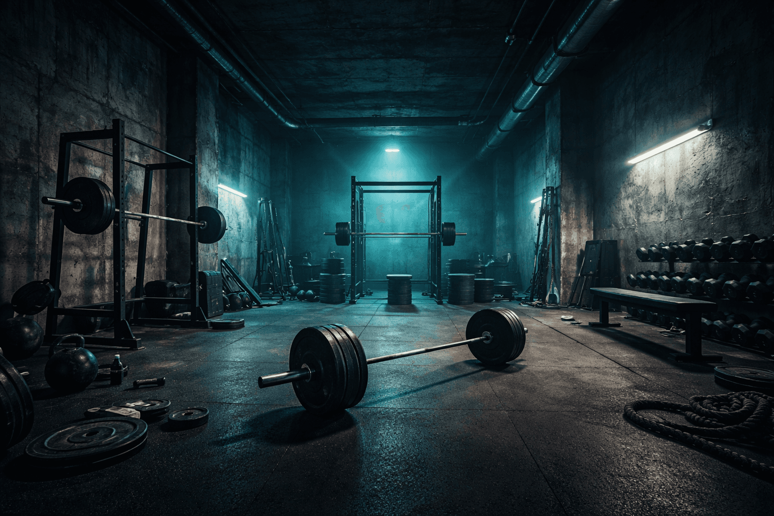 Brutalist gym interior with iron plates and cyan accent lighting